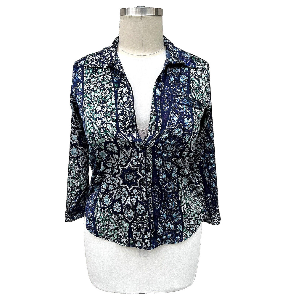 Victoria's Secret - Blue Green White Satin Button Up Sleep Pajama Shirt M - Picture 2 of 14